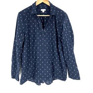 J Jill Tunic Top Size Large Womens Blue Embroidered V Neck Shirt Casual Boho